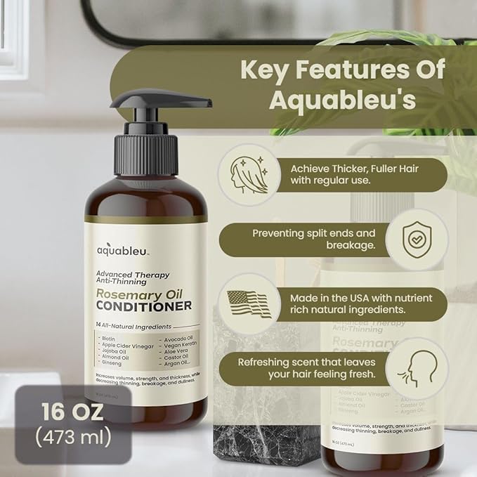 Aquableu Advanced Therapy Anti-Thinning Rosemary Oil Conditioner - Infused with 14 All-Natural Ingredients for Enhanced Volume, Strength, Thickness, and Nourishment (16oz)