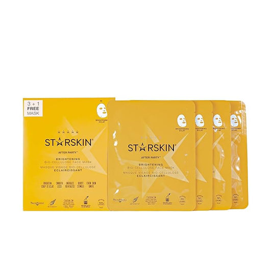 STARSKIN After Party 4x40g, Bio-Cellulose Brightening Face Mask for all Skin Types, Korean Skincare Mask infused with Vitamin C Serum and Niacinamide, Energizing and Soothing, K Beauty Skincare
