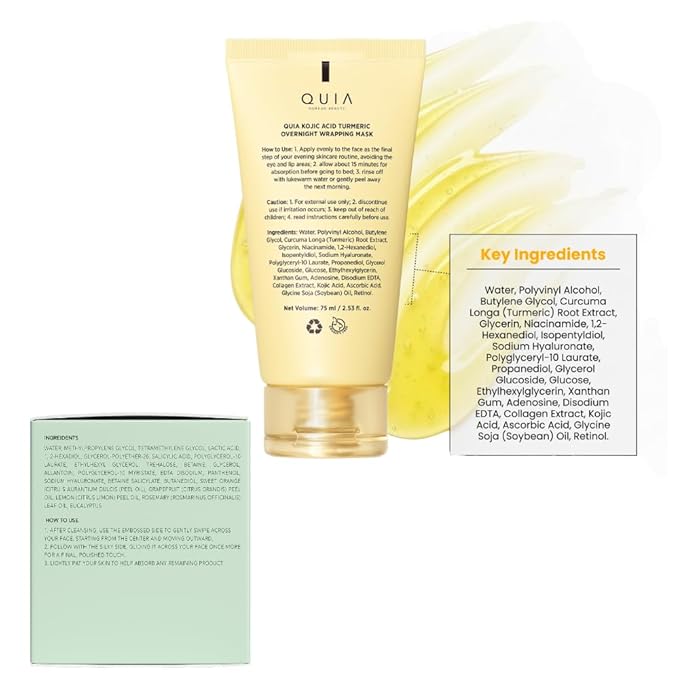 QUIA Korean Skincare Duo - Toner Pads + Turmeric Kojic Acid Wrapping Mask - Dual-Step System for Radiant, Refined Texture & Hydrated Skin - Gentle Exfoliation + Overnight Treatment - 75ML