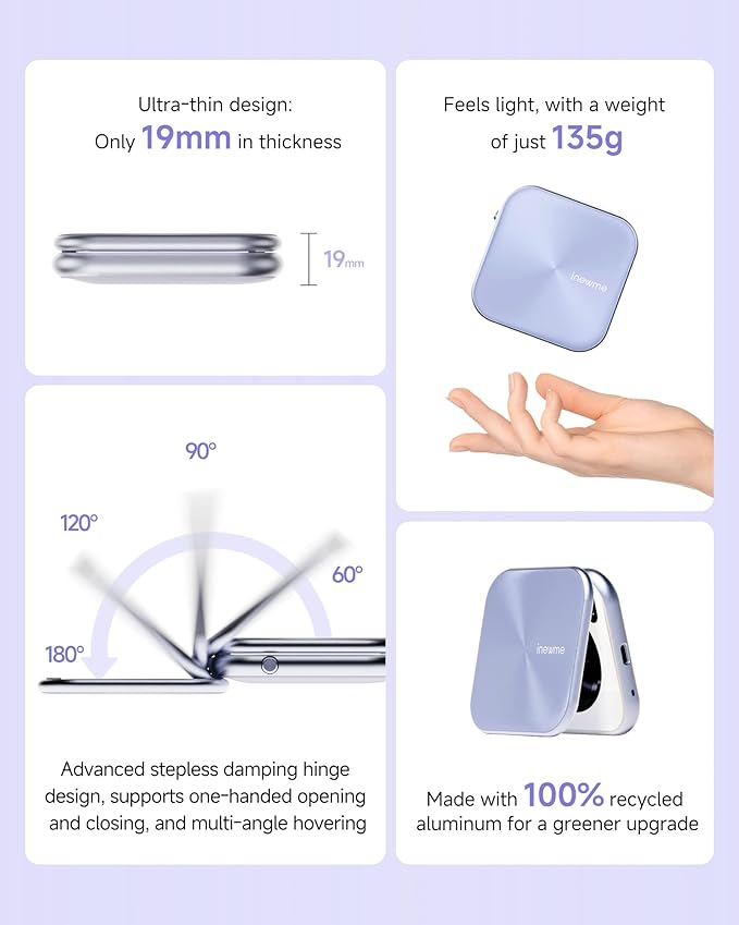 inewme UV Camera Mirror for Sunscreen Test, 3-Color LED Light with Real-Time UV & Humidity Sensor, Portable Travel Makeup Mirror, Compact Skin Care Tool