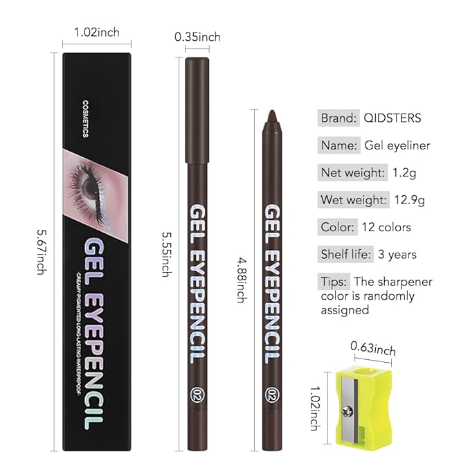 Brown Matte Gel Eyeliner Pencil, Multi-Use Waterline Eyeliner with Sharpener, Sharpenable Eye Liner Waterproof Smudge Proof, High Pigmented Eye Makeup Liners, Vegan & Cruelty-Free 02