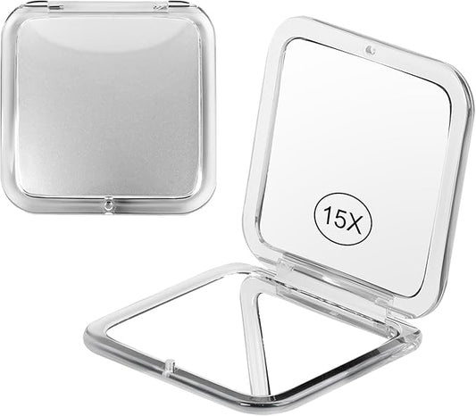 15x Magnifying Compact Mirror for Purses and Travel - Handheld 2 Sided 15x/1x Makeup Mirror - Slim Pocket Mirror, Portable & Foldable Square 3.3” x 3.3” (Silver)