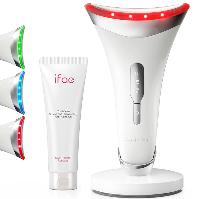 Red Light Therapy for Face and Neck, Renewal Face Lift Device with Vibration Tech, 3 in 1 Face Massager Tool with Thermals, True Beauty Glow Facial Sculptor for Wrinkles, Double Chin-White