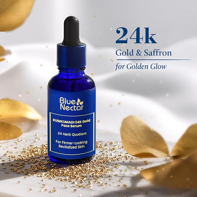 Blue Nectar 24K Gold Serum with Pure Kumkumadi Oil for Face | Ayurvedic Face Serum for Firm-Looking Skin & Natural Radiance (24 Herbs, 1Fl Oz)