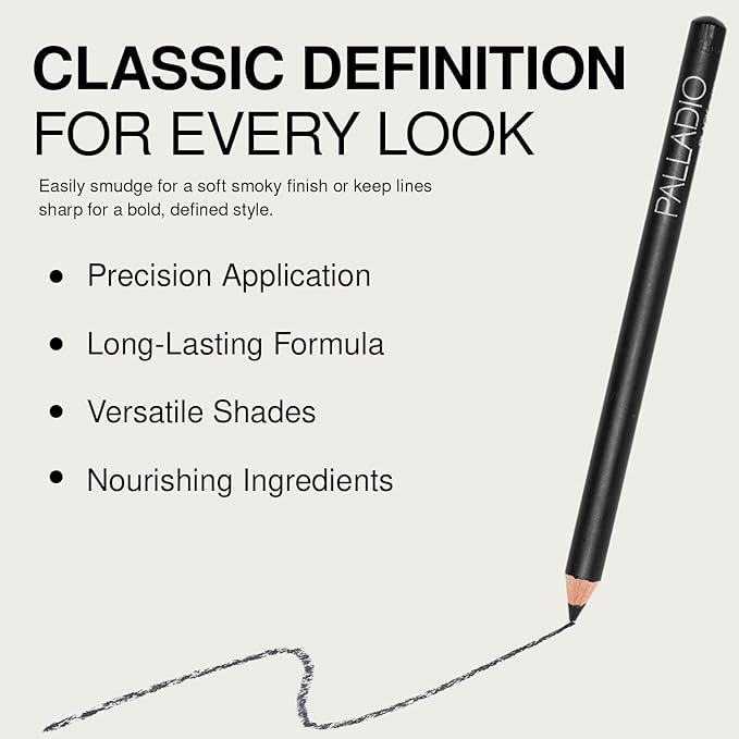 Palladio Wooden Eyeliner Pencil, Thin Pencil Shape, Easy Application, Firm yet Smooth Formula, Perfectly Outlined Eyes, Contour and Line, Long Lasting, Rich Pigment, Black