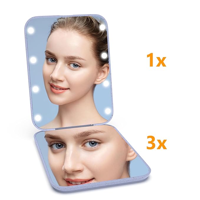 Kintion Wheat Straw Pocket Mirror, 1X/3X Magnification Travel Mirror for Purse, Folding Handheld Mirror, Small Lighted Compact Mirror for Gift, Purple