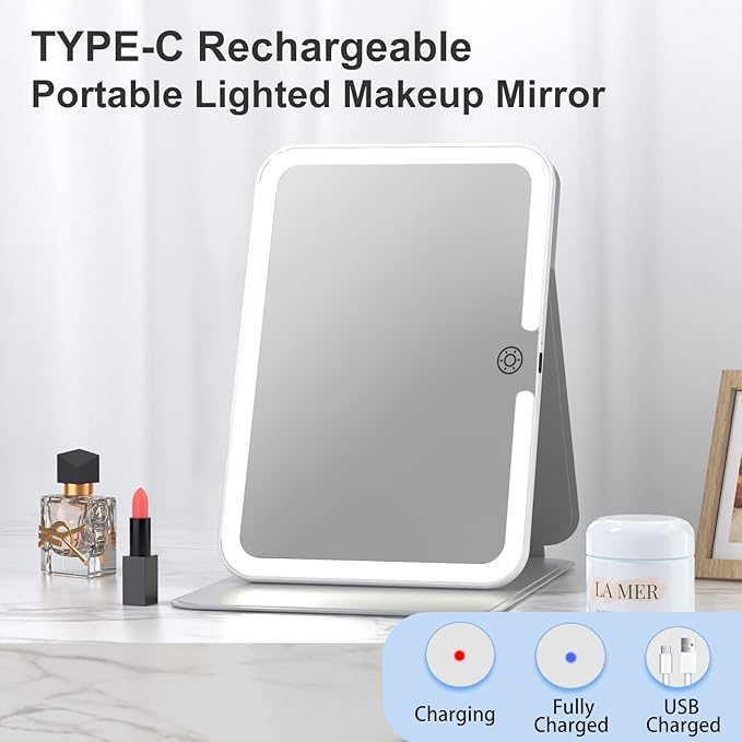 Rechargeable Travel Lighted Makeup Mirror with PU Leather Cover, Portable Travel Makeup Mirror with Lights, 3 Color Lighting,Touch Sensor Dimmable, Light Up Tabletop Folding Cosmetic Mirror Colorful