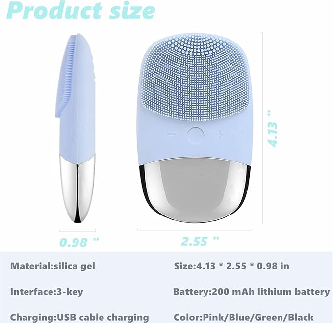 MEGAN Facial Cleansing Brush,USB Rechargeble Electric Silicone Face Scrubber,IPX7 Waterproof Sonic Facial Massager, 3 in 1 face Brush for Deep Cleanning, Blackhead Remover, Exfoliating.（Sky Blue）