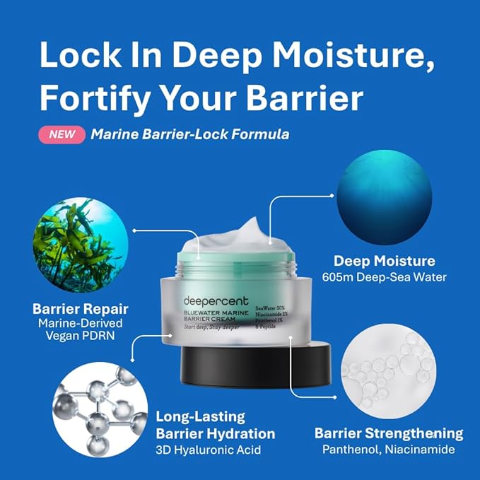 DEEPERCENT Bluewater Marine Barrier PDRN Face Cream - Night Cream Face Moisturizer Dewy Skin Deep Hydration Hyaluronic Acid Peptide Vegan Fragrance Free Sensitive Skin Korean Skin Care (1.69 fl oz)