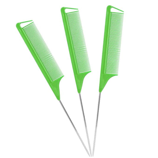 Rat Tail Combs Set: 3Pcs Steel Pin Teasing Combs for Hair Stylists, Parting Combs for Women (Green)