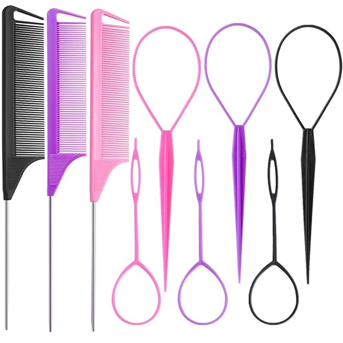 9pcs Topsy Hair Tail Tool and rat tail comb set,6pcs French Braiding Tool ring,3Pcs Metal Parting Combs,Woman Girl Hair Styling (Pink,Purple, Black)
