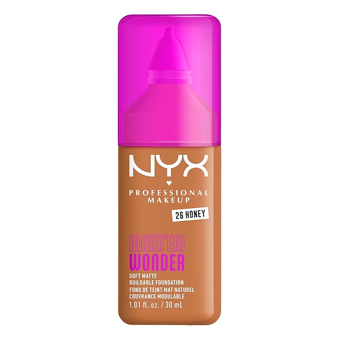 NYX PROFESSIONAL MAKEUP Make 'Em Wonder Liquid Foundation, 24HR Foundation Makeup With A Soft Matte Finish, Buildable Full Coverage - 26 Honey