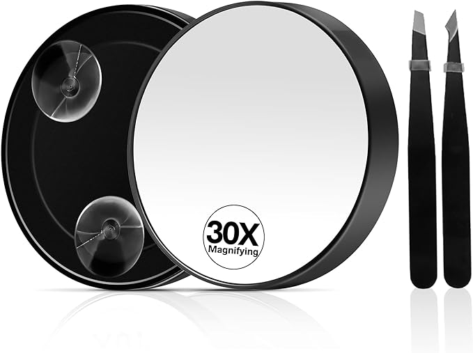 30X Magnifying Mirror, Magnifying Mirror Suction Cup, Travel Makeup Mirrors with Precise Tweezers, Compact Mirrors for The Removal of Female Facial Hair, 3.5 Inches (Black)