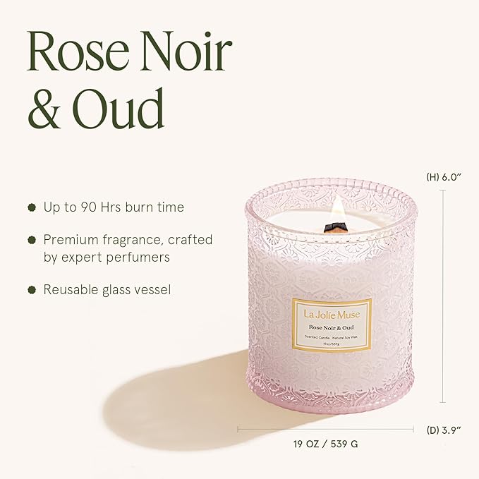 LA JOLIE MUSE Rose Noir & Oud Scented Candle – Lemon, Rose & Oud |19 oz Large Wooden Wick Candle | Natural Soy Wax | 90 Hours Clean Burn | Gift-Ready for Hosts & Gatherings | Elegant Home Décor
