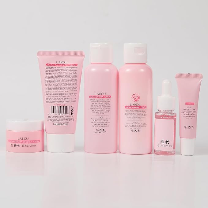 LAIKOU Skin Care Set, Facial Skin Care Products, Skin Care Kit with Sakura Serum, Cleanser, Toner, Lotion, Eye Cream, Essence Cream 6pcs for Women Teen Girls Mom Daughter Lover Mother's Day Christmas