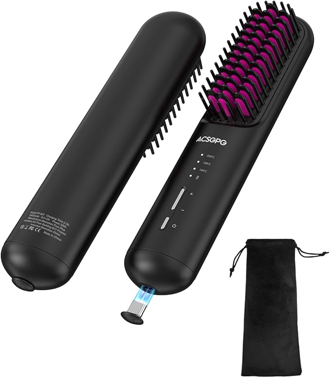 Rechargeable Hair Straightener Brush - 6400mAh Large Capacity Battery - Portable Straightening Brush Comb - Mini Cordless Ionic Straightener for Women - Great for Travel & Home