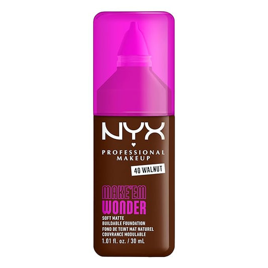 NYX PROFESSIONAL MAKEUP Make 'Em Wonder Liquid Foundation, 24HR Foundation Makeup With A Soft Matte Finish, Buildable Full Coverage - 40 Walnut