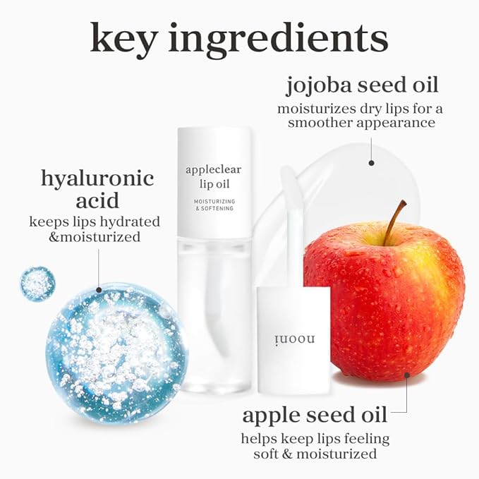 NOONI Korean Lip Oil - Appleclear | Long-Lasting, Moisturizing, Plumping, Revitalizing for Dry Lips, Waterproof, No Peel Off, Hydrating, Nourishing Crystal Clear, 0.12 FL Oz