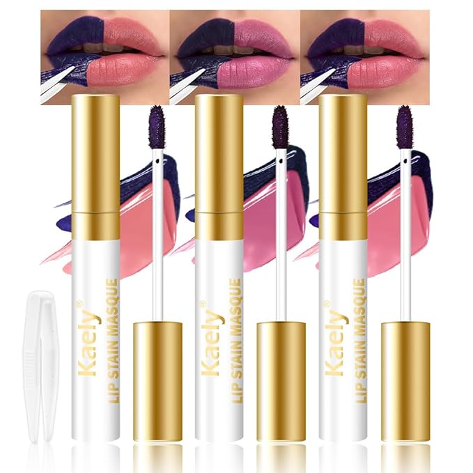 Kaely 3Pcs Lip Stain Peel Off Masque, Long Lasting Waterproof Smudge Proof Lip Tint, Non-Transfer Semi Permanent Lipliner Tattoo with Tweezer, Matte Finish, Vegan & Cruelty-Free, Set A-01+02+03