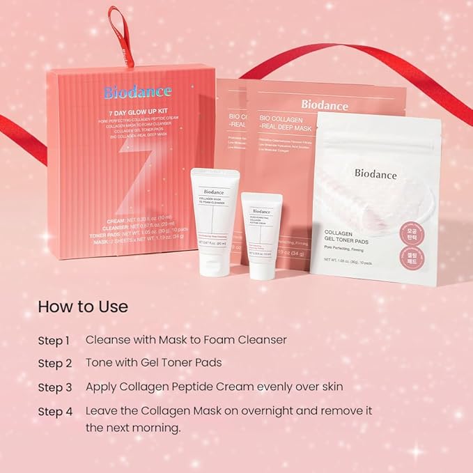 BIODANCE 7 Day Glow Up Kit: Collagen Gift Set for Glass-Skin, Korean Skin Care with Mask to Foam Cleanser, Toner Pads, Moisturizer, Gel Masks, Valentines Day Gifts for Her, Skin Care Set
