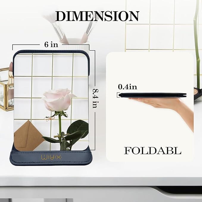 Foldable Travel Makeup Mirror, Adjustable Angle Portable Standing Vanity Mirror, Compact PU Leather Design for Home/Camping/Desktop Use,Classic Black (8.4"x6")