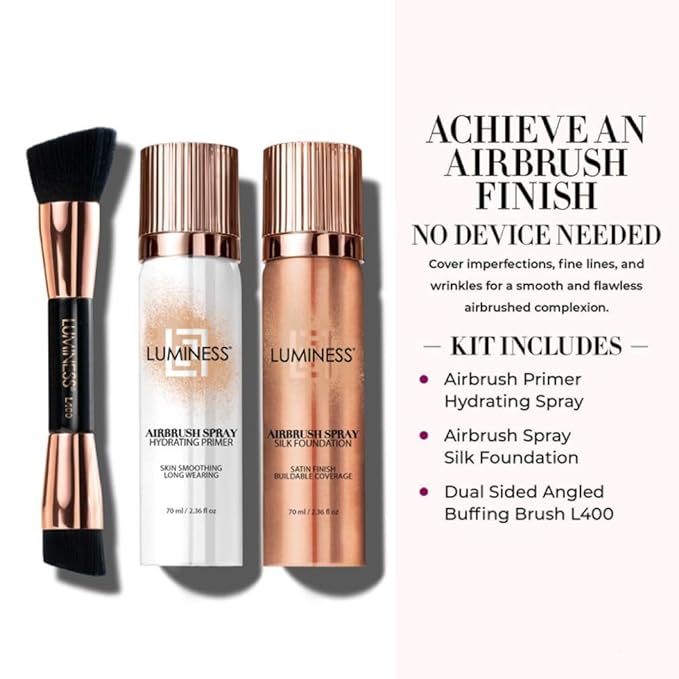 LUMINESS Airbrush Spray Silk Foundation Starter Kit - Deep Rich - Foundation, Primer & Dual-Sided Angled Buffing Brush - Medium, Buildable Coverage, Anti-Aging Formula Hydrates & Moisturizes