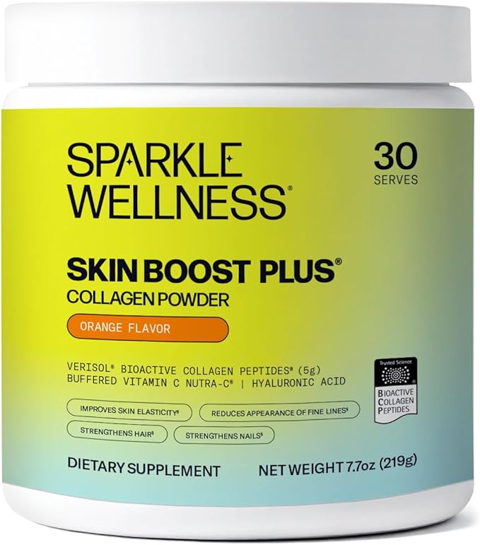 Sparkle Wellness VERISOL Bioactive Hydrolyzed Collagen Peptides | Collagen Powder Supplement with Vitamin C & Hyaluronic Acid for Hair, Skin, and Nail Health | Skin Boost Plus (Orange) [30-Serves]