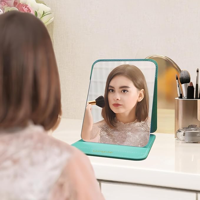 Foldable Travel Makeup Mirror, Adjustable Angle Portable Standing Vanity Mirror, Compact PU Leather Design for Home/Camping/Desktop Use, Fresh Green (8.4"x6")