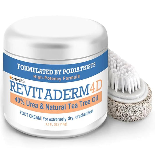 Revitaderm 4D Urea Cream 40% for Feet, Intensive Moisturizing Foot Cream for Dry, Rough, Callused Skin, Includes Free Pumice Stone and Exfoliating Brush, Fast-Absorbing, Fragrance-Free, 4oz, 1 Pack