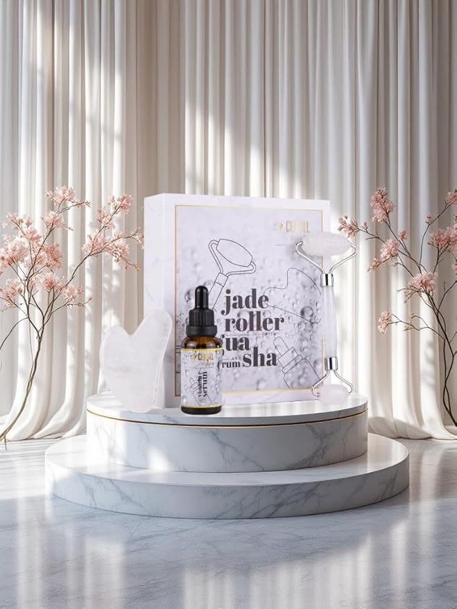 100% Real Crystal Jade Stone Roller and Gua Sha Set with Vitamin C Serum | Great for Eye Puffiness Treatment, Skin Tightening, Anti Aging, Rejuvenate Face & Neck | Great Gift for Women & Men (Crystal)