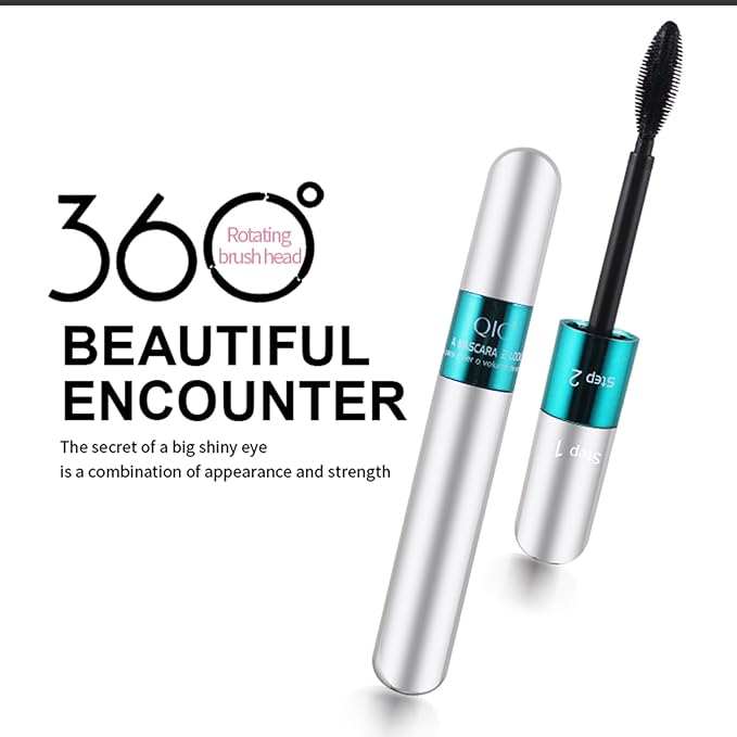 2 Pack 2 in 1 QIC Mascara, 5x Longer Washable Black Mascara, 4D Silk Fiber Lash 2 Step Mascara, No Clumping, Long-lasting Waterproof Mascara, Lash Cosmetics Beauty Eye Make up