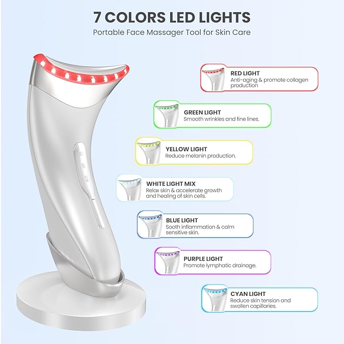 7 Color Light Face and Neck Massager Tool of Double Chin Reducer, Facial Massager with Adjustable Vibration and Thermals for Wrinkles Face Sculpting Tool with Base (White)