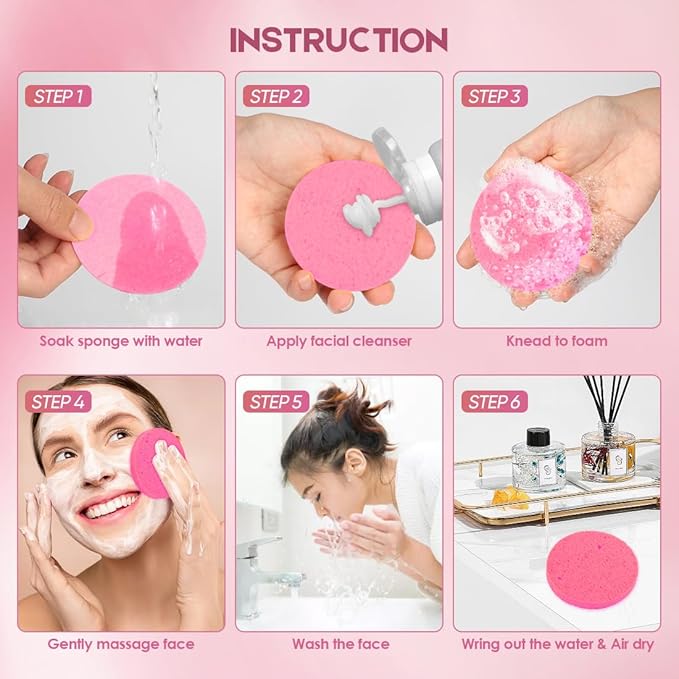 AIDEA 96Count Compressed Facial Sponges Pink, Round Face Sponges for Cleansing, Natural Cellulose Cosmetic Spa Sponges for Washing Face, Exfoliating, Makeup Removal, Travel Essentials for Women