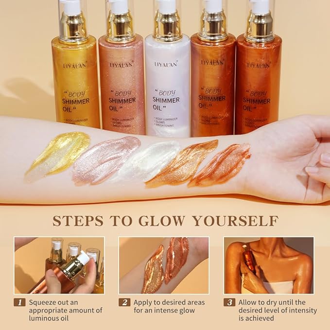 Liyalan Shimmer Body Oil Pearl White 5 Color Bronze Face Brighten Glow Highlighter Illuminator Body Makeup Shine Glitter Gold Liquid Taning (2.8 Fl Oz)