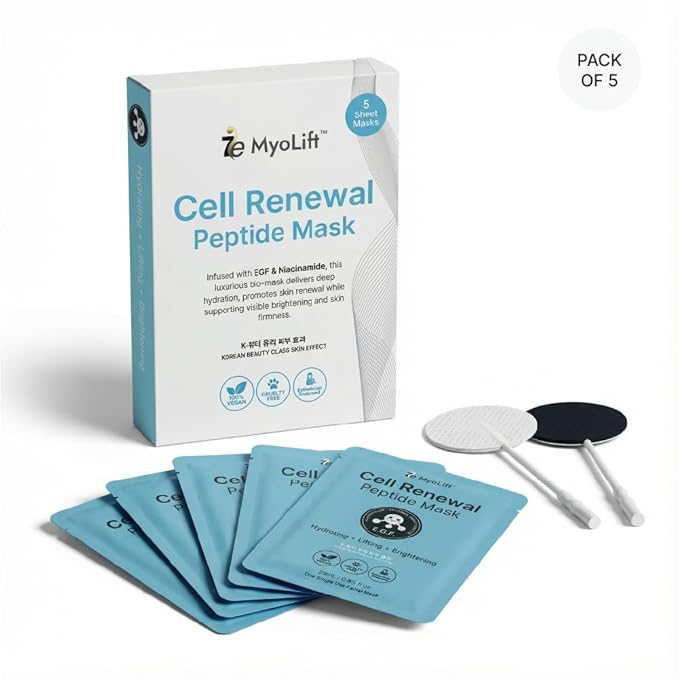 MYOLIFT Cell Renewal Peptide Mask(EGF)– 100%Vegan, Bio-Cellulose FaceMask for CellRenewal, Skin Firming, Hydrating & Brightening-with Niacinamide, Hyaluronic Acid& EGF|Korean Skincare Sheet Mask–Pack1