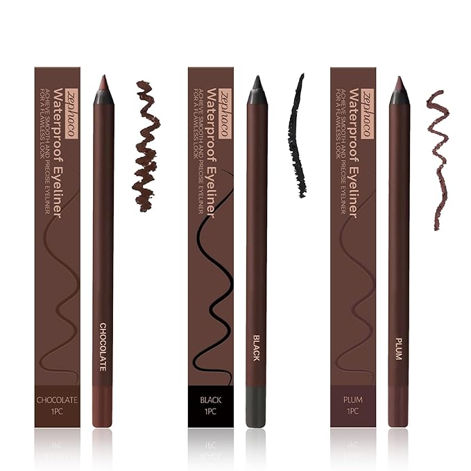 24 Hr Waterproof Eyeliner Pencil, Long Lasting Sharpenable Eye Liner, No Smudge, No Fade, Smooth Glide for Precise Eye Makeup (Black+Purple red+Chocolate)