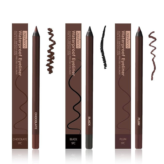 24 Hr Waterproof Eyeliner Pencil, Long Lasting Sharpenable Eye Liner, No Smudge, No Fade, Smooth Glide for Precise Eye Makeup (Black+Purple red+Chocolate)