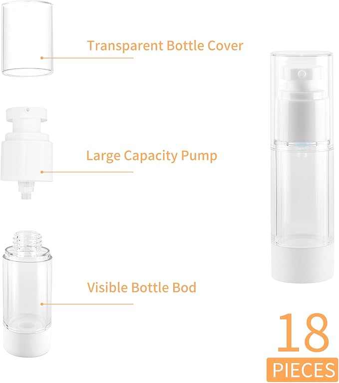 1OZ/30ML Clear Airless Pump Bottles, Lotion Dispenser Travel with Pump, Vacuum Plastic Travel Size Lotion Bottle for Foundation, Creams, Cosmetic(18 Pack)