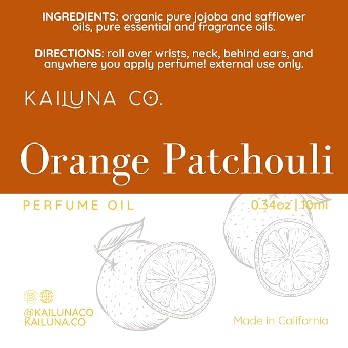 Orange Patchouli Delicious Natural Pure Essential and Fragrance Oil Perfume Roll On with Organic Jojoba Oil, Eau de Toilette, Alcohol Free, Small-Batch, Made in California