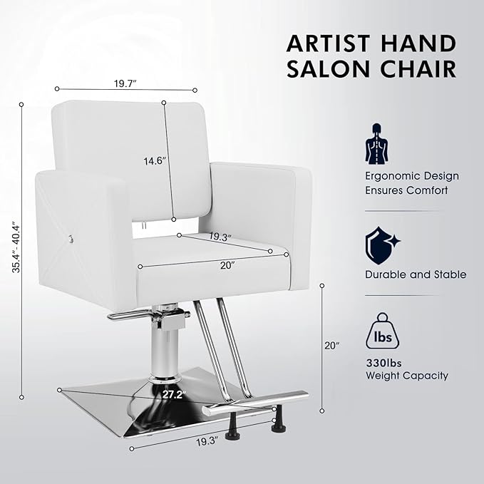 Artist hand White Salon Chair for Hair Stylist, Hydraulic Hair Salon Styling Chair with Back Cover, 360 Degree Swivel Barber Chair, Beauty Salon Equipment for Woman Man, Max Load 330 Lbs