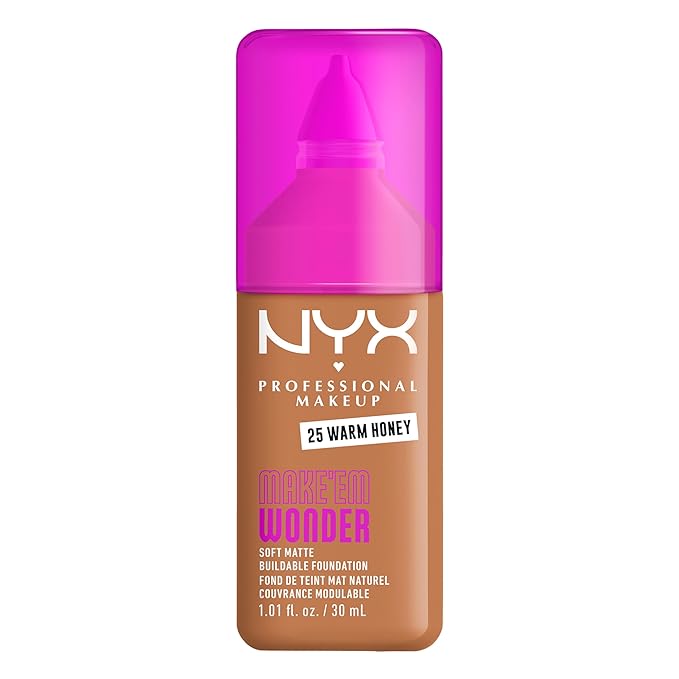 NYX PROFESSIONAL MAKEUP Make 'Em Wonder Liquid Foundation, 24HR Foundation Makeup With A Soft Matte Finish, Buildable Full Coverage - 25 Warm Honey