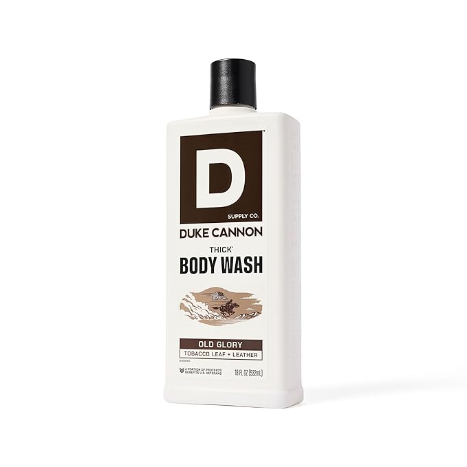 Duke Cannon Supply Co. Thick High Viscosity Body Wash – 3X Thicker, Cleansing Shower and Bath Gel, Mineral-Enriched for Men – Tobacco Leaf + Leather - Men’s Body Scrub – Old Glory Scent