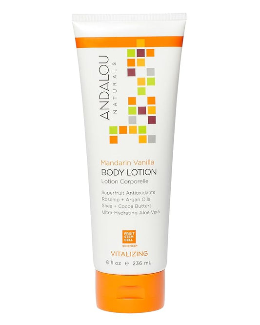 Andalou Naturals Vitalizing Body Lotion Mandarin Vanilla - Hydrating Daily Moisturizer to Nourish Dry Skin - With Shea Butter, Cocoa Butter, Rose Hip Oil, Argan Oil, & Aloe Vera - 8 fl oz