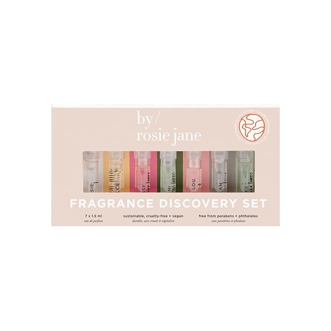 By Rosie Jane Discovery Perfume Set - 7 Piece Travel Size Perfume Set - Gift Set Includes Scents Rosie, Dulce, Missy, Remi, Leila Lou, Dylan & Lake - Clean Perfume for Women (7 Count)