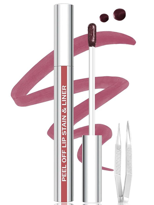 Lip Stain Peel Off Lip Liner Stain with Tweezer, Long Lasting Matte Lip Tint Tattoo, Highly Pigmented Color Lip Makeup, Waterproof Lipstick, Transfer-proof Lipstain for Women, Mauve
