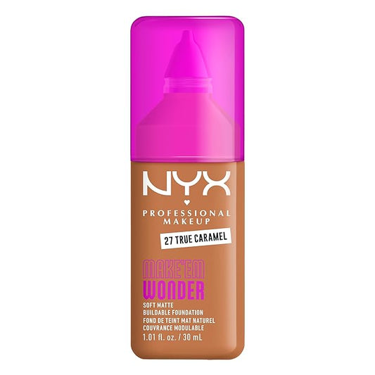 NYX PROFESSIONAL MAKEUP Make 'Em Wonder Liquid Foundation, 24HR Foundation Makeup With A Soft Matte Finish, Buildable Full Coverage - 27 True Caramel