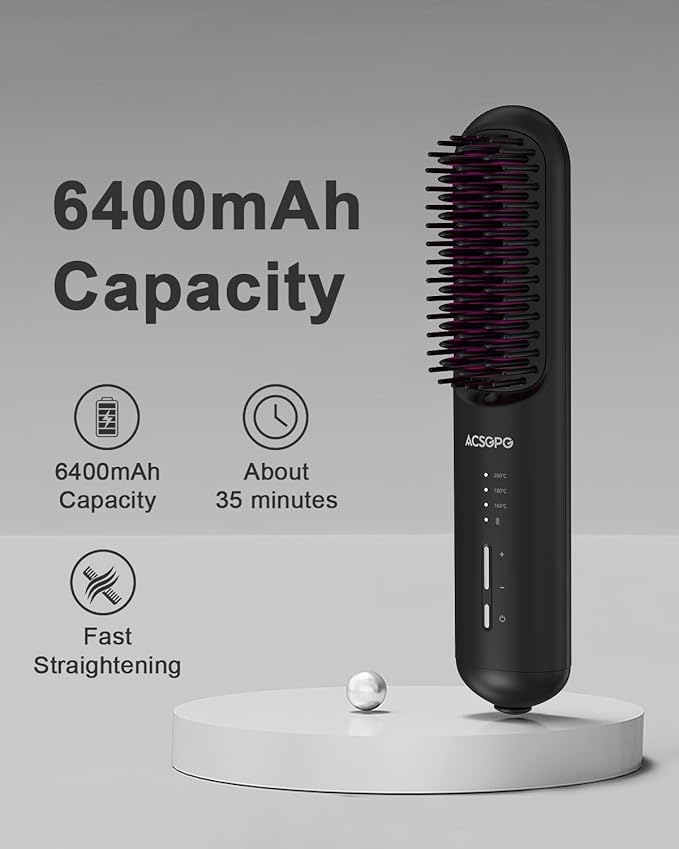 Rechargeable Hair Straightener Brush - 6400mAh Large Capacity Battery - Portable Straightening Brush Comb - Mini Cordless Ionic Straightener for Women - Great for Travel & Home