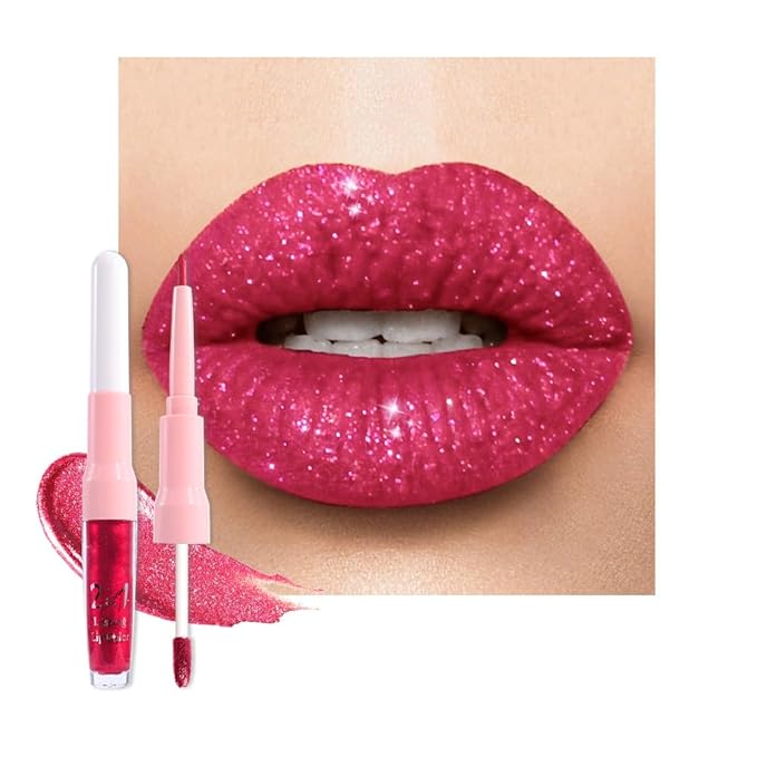 evpct Rose Red Metallic Glitter Lip Liner and Lipstick Combo Lip Gloss Stain Set Makeup for Women Long Lasting Waterproof 24, Non Stick Cup Metal Shine Shimmer Iridescent Liquid Lipstick 25