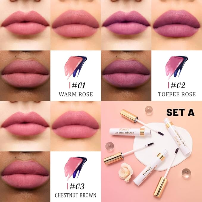 Kaely 3Pcs Lip Stain Peel Off Masque, Long Lasting Waterproof Smudge Proof Lip Tint, Non-Transfer Semi Permanent Lipliner Tattoo with Tweezer, Matte Finish, Vegan & Cruelty-Free, Set A-01+02+03