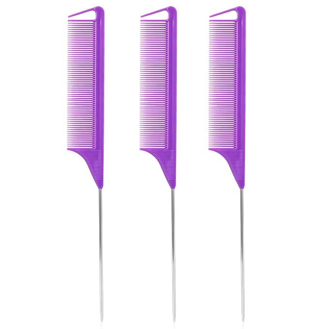 Rat Tail Steel Pin Teasing Combs Set: 3 Pack Hair Styling Combs for Parting and Teasing All Hair Types (Purple)